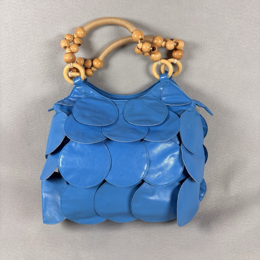 Artisan Blue Leather Scalloped Scale Disc Handbag Wood Bead Handles